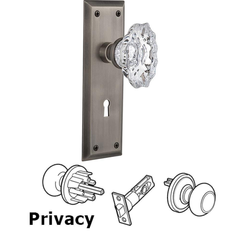 Nostalgic Warehouse Complete Privacy Set With Keyhole - New York Plate with Chateau Crystal Knob in Antique Pewter