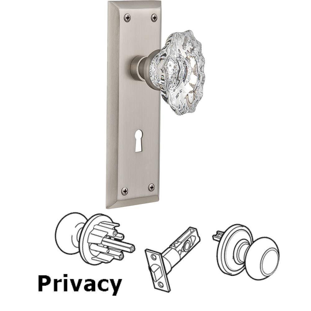 Nostalgic Warehouse Complete Privacy Set With Keyhole - New York Plate with Chateau Crystal Knob in Satin Nickel