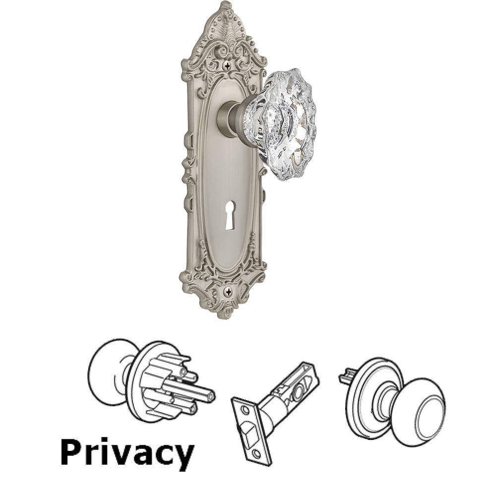 Nostalgic Warehouse Complete Privacy Set With Keyhole - Victorian Plate with Chateau Crystal Knob in Satin Nickel