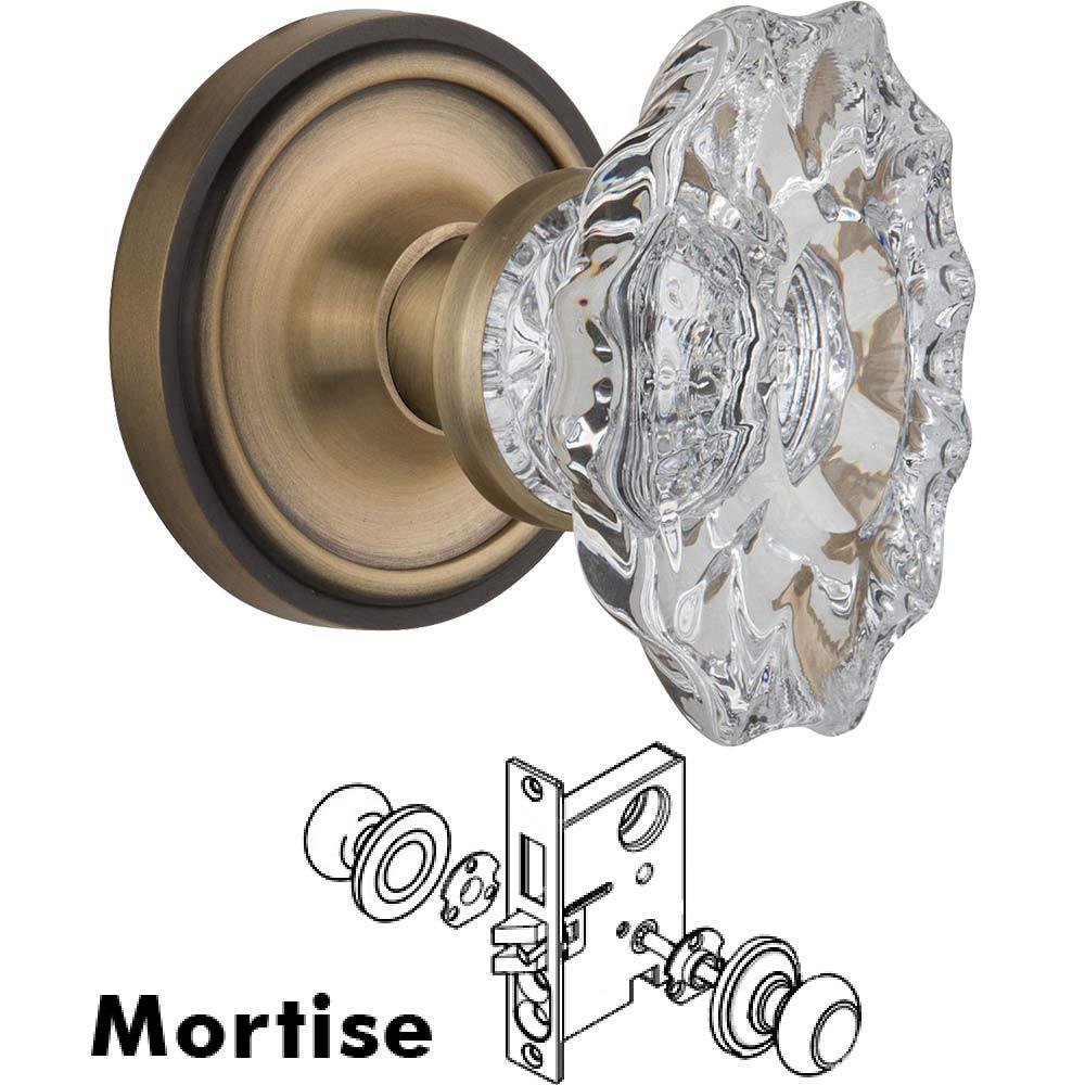 Nostalgic Warehouse Complete Mortise Lockset - Classic Rosette with Chateau Crystal Knob in Antique Brass