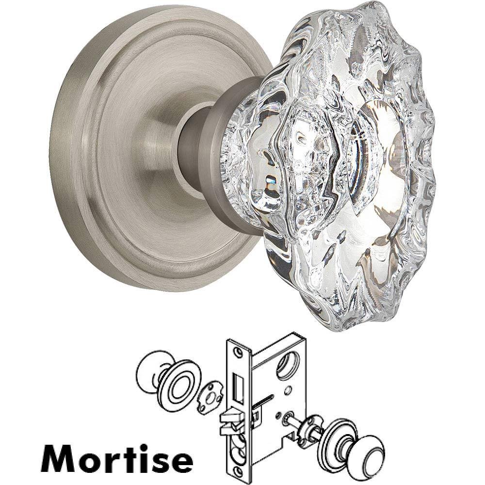 Nostalgic Warehouse Complete Mortise Lockset - Classic Rosette with Chateau Crystal Knob in Satin Nickel