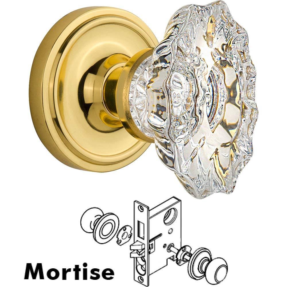 Nostalgic Warehouse Complete Mortise Lockset - Classic Rosette with Chateau Crystal Knob in Unlacquered Brass