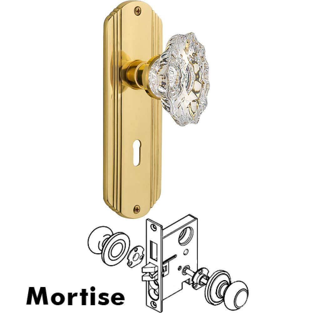 Nostalgic Warehouse Complete Mortise Lockset - Deco Plate with Chateau Crystal Knob in Polished Brass