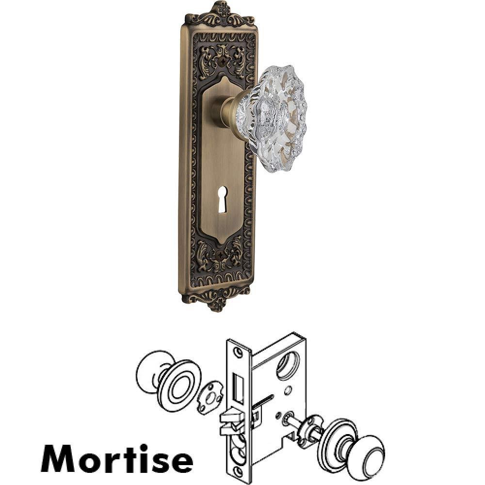 Nostalgic Warehouse Complete Mortise Lockset - Egg & Dart Plate with Chateau Crystal Knob in Antique Brass