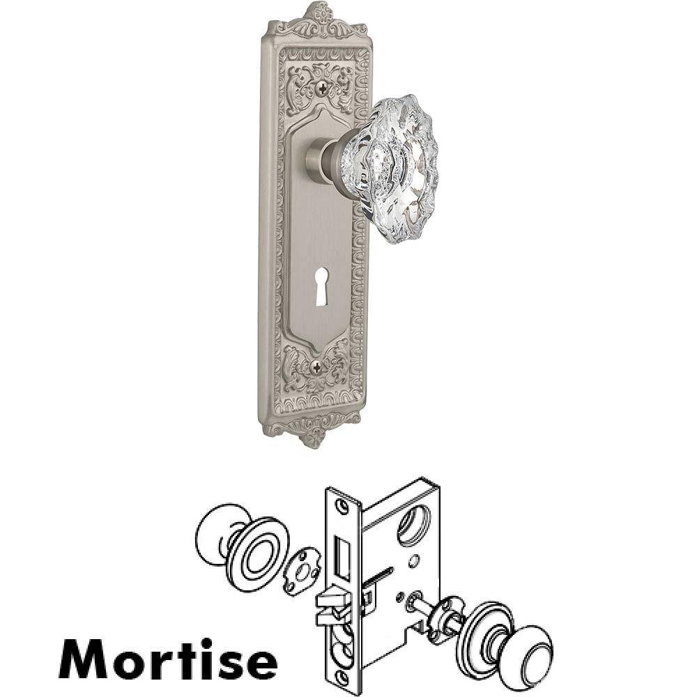 Nostalgic Warehouse Complete Mortise Lockset - Egg & Dart Plate with Chateau Crystal Knob in Satin Nickel
