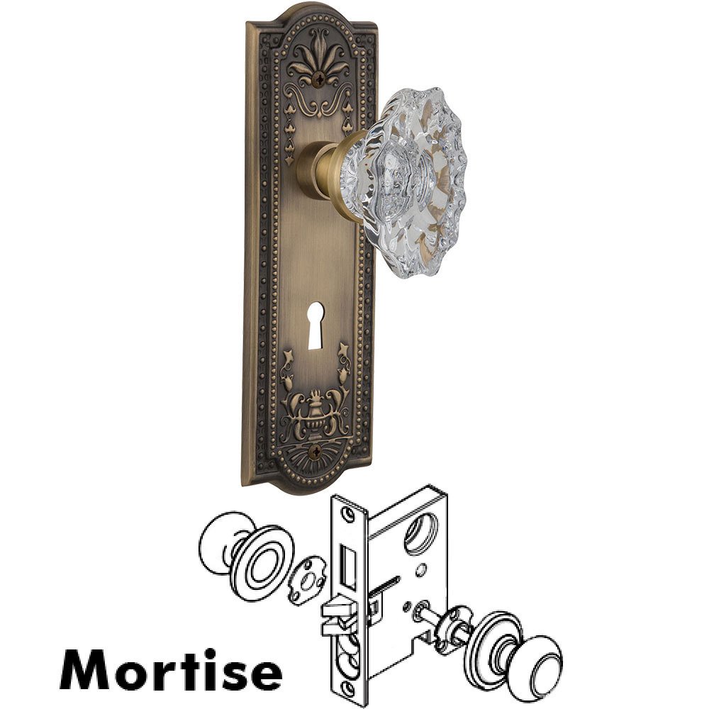 Nostalgic Warehouse Complete Mortise Lockset - Meadows Plate with Chateau Crystal Knob in Antique Brass