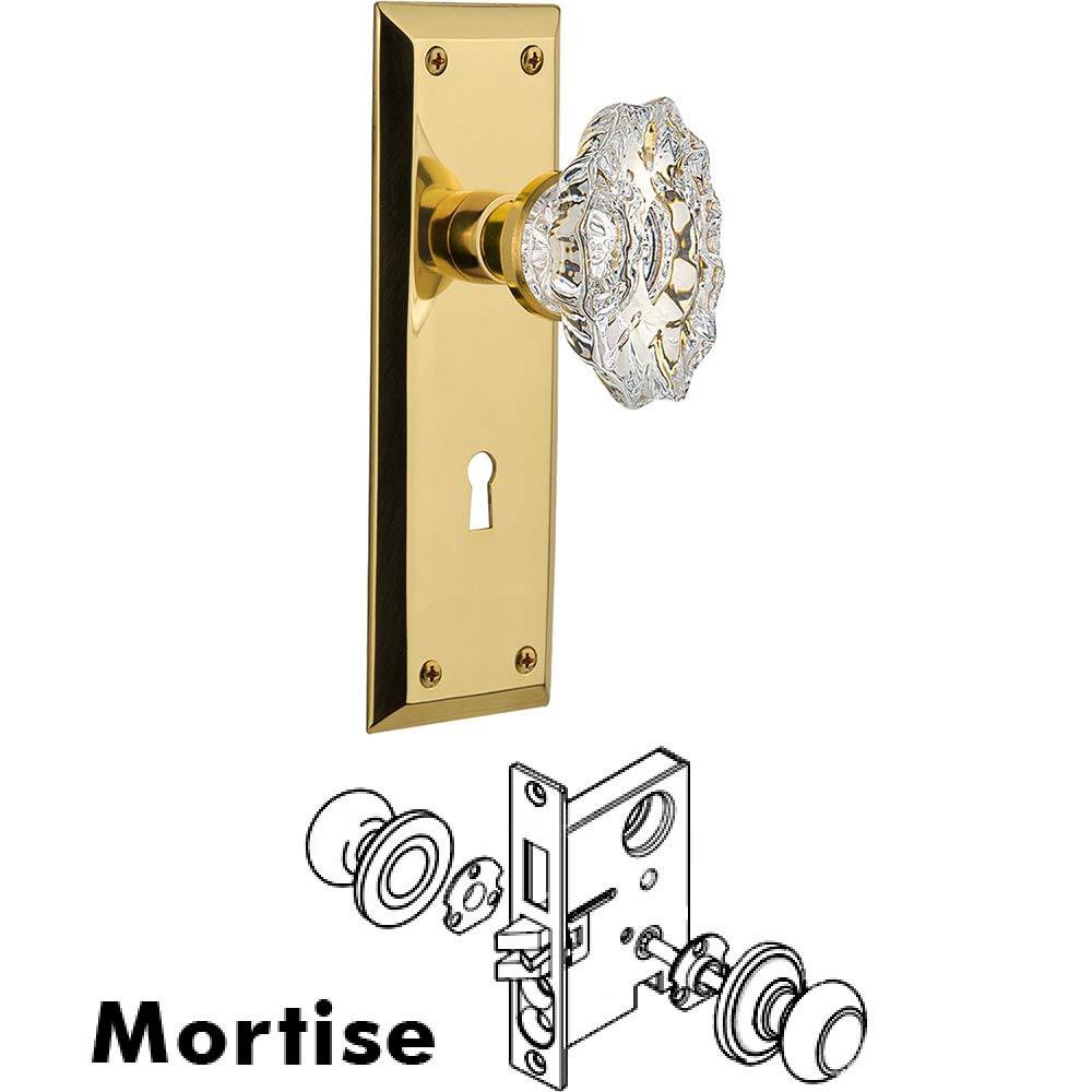 Nostalgic Warehouse Complete Mortise Lockset - New York Plate with Chateau Crystal Knob in Polished Brass