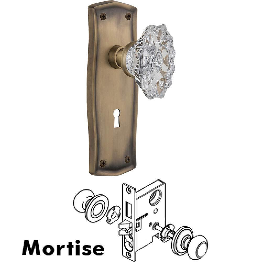 Nostalgic Warehouse Complete Mortise Lockset - Prairie Plate with Chateau Crystal Knob in Antique Brass