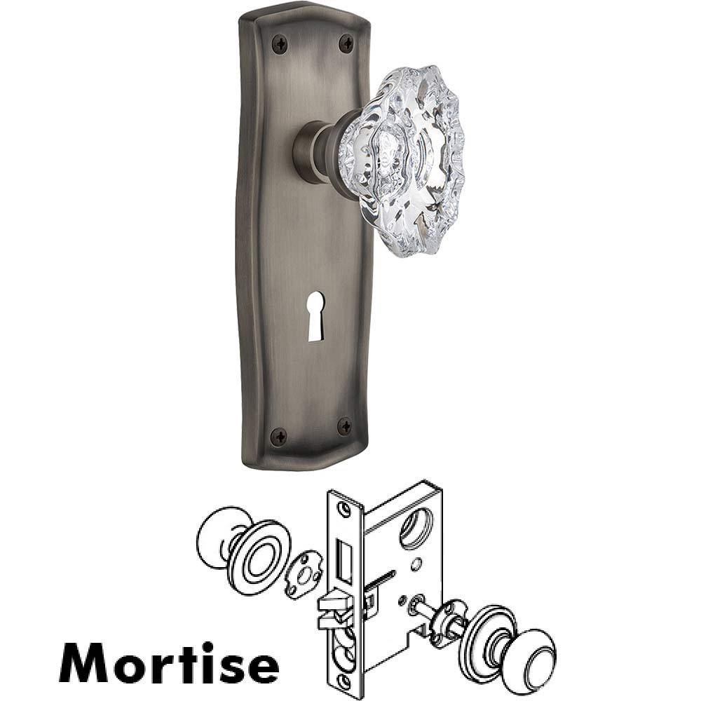 Nostalgic Warehouse Complete Mortise Lockset - Prairie Plate with Chateau Crystal Knob in Antique Pewter