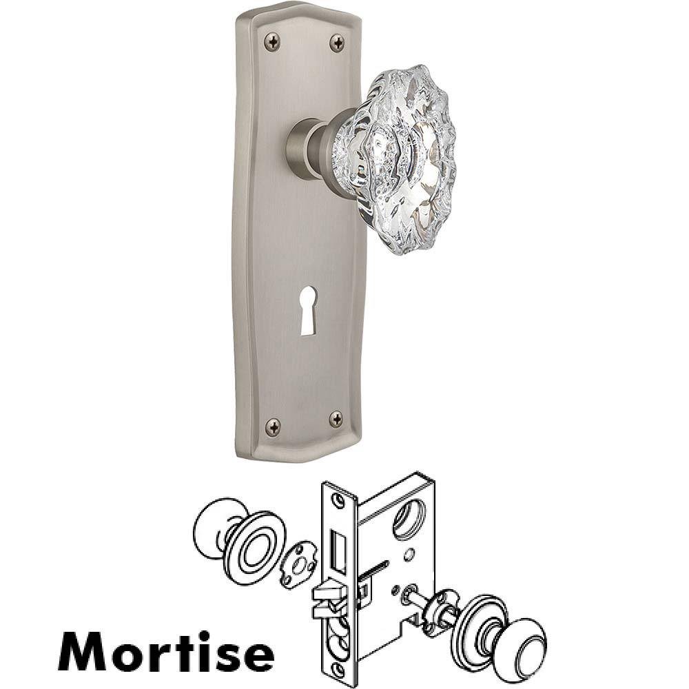 Nostalgic Warehouse Complete Mortise Lockset - Prairie Plate with Chateau Crystal Knob in Satin Nickel