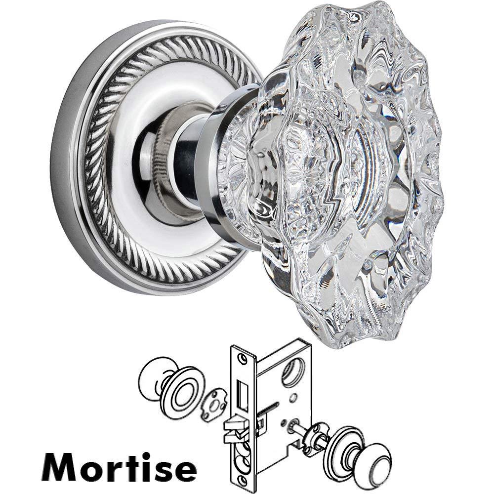 Nostalgic Warehouse Complete Mortise Lockset - Rope Rosette with Chateau Crystal Knob in Bright Chrome
