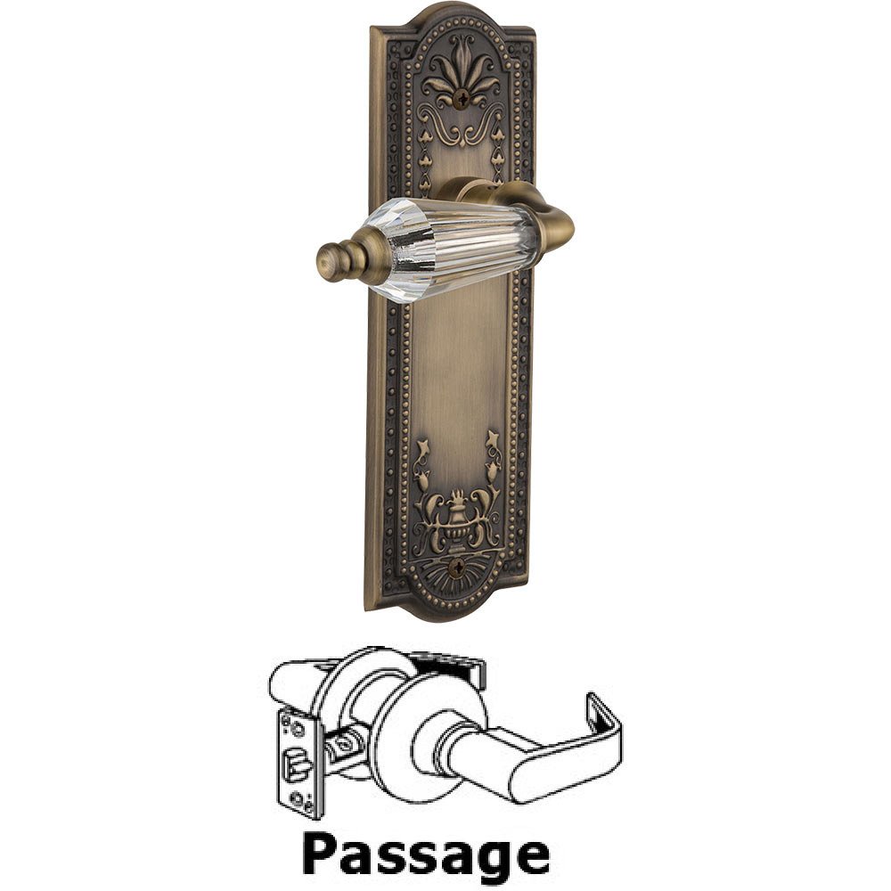 Nostalgic Warehouse Full Passage Set Without Keyhole - Meadows Plate with Parlor Crystal Lever in Antique Brass