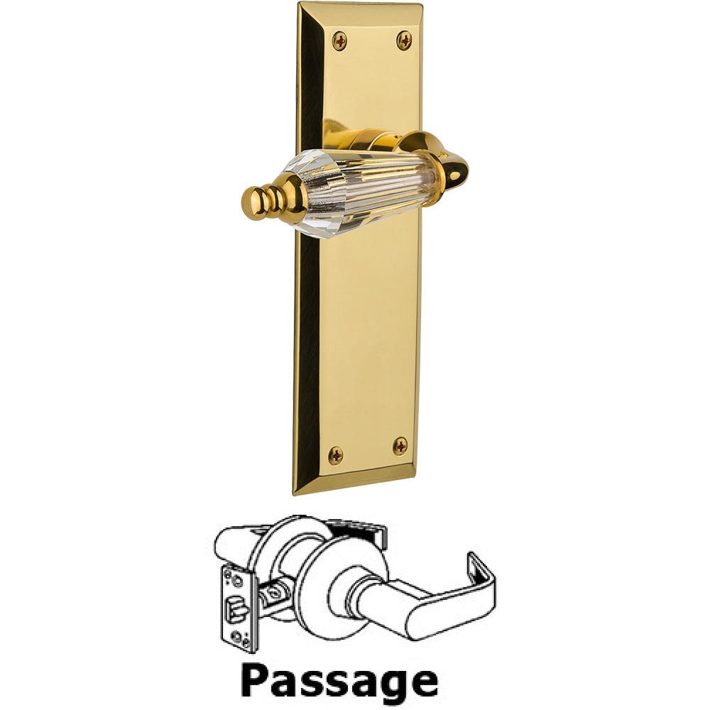 Nostalgic Warehouse Full Passage Set Without Keyhole - New York Plate with Parlor Crystal Lever in Polished Brass