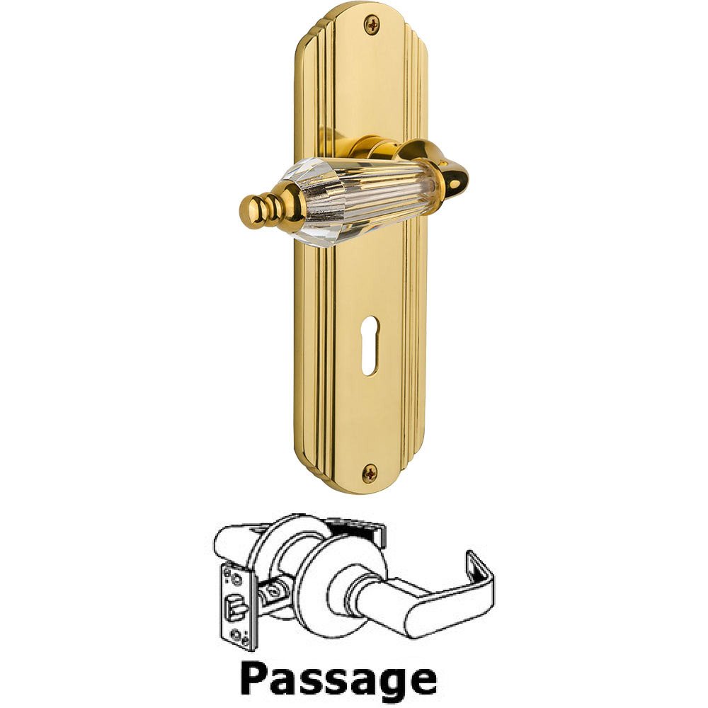 Nostalgic Warehouse Full Passage Set With Keyhole - Deco Plate with Parlor Crystal Lever in Polished Brass