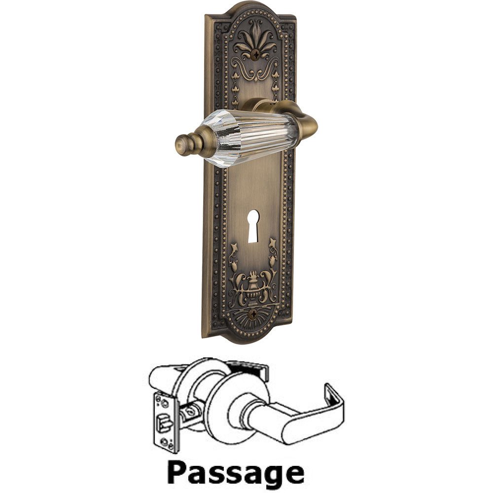 Nostalgic Warehouse Full Passage Set With Keyhole - Meadows Plate with Parlor Crystal Lever in Antique Brass