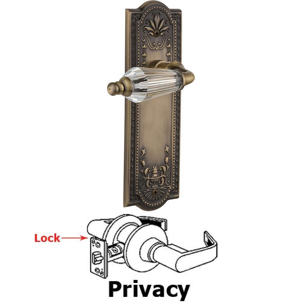 Nostalgic Warehouse Complete Privacy Set Without Keyhole - Meadows Plate with Parlor Crystal Lever in Antique Brass