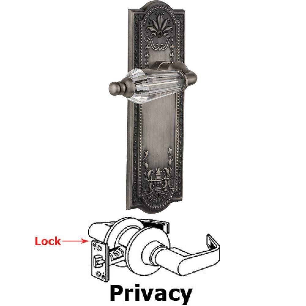 Nostalgic Warehouse Complete Privacy Set Without Keyhole - Meadows Plate with Parlor Crystal Lever in Antique Pewter