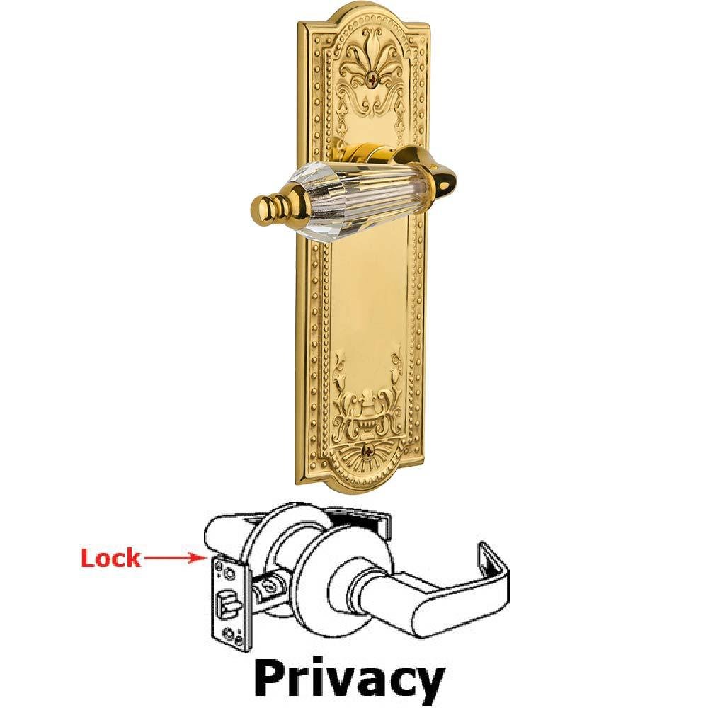 Nostalgic Warehouse Complete Privacy Set Without Keyhole - Meadows Plate with Parlor Crystal Lever in Polished Brass