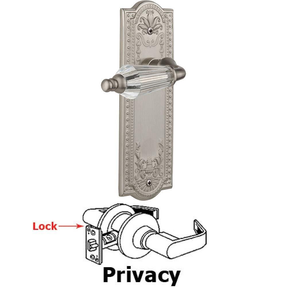 Nostalgic Warehouse Complete Privacy Set Without Keyhole - Meadows Plate with Parlor Crystal Lever in Satin Nickel