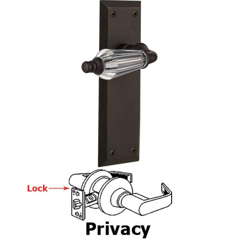 Nostalgic Warehouse Complete Privacy Set Without Keyhole - New York Plate with Parlor Crystal Lever in Oil Rubbed Bronze