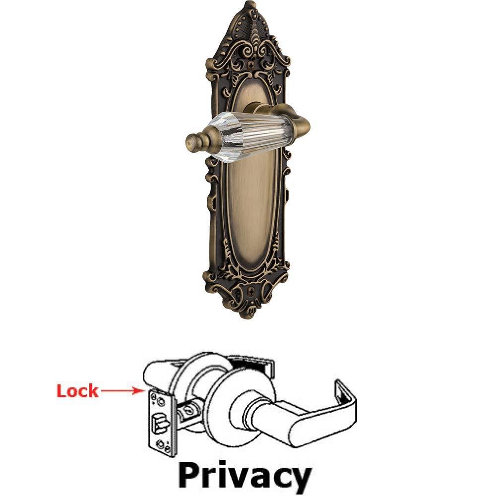 Nostalgic Warehouse Complete Privacy Set Without Keyhole - Victorian Plate with Parlor Crystal Lever in Antique Brass