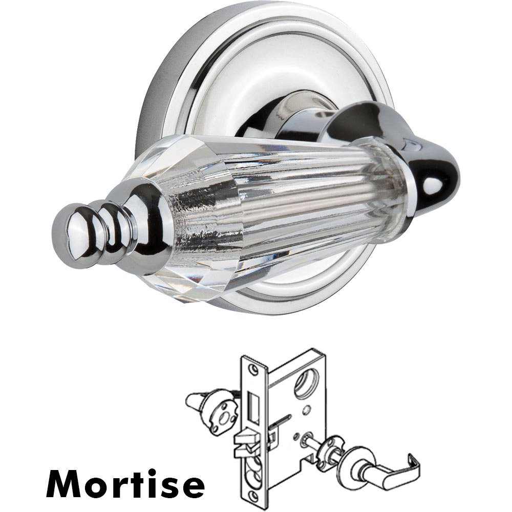 Nostalgic Warehouse Complete Mortise Lockset - Classic Rosette with Parlour Crystal Lever in Bright Chrome