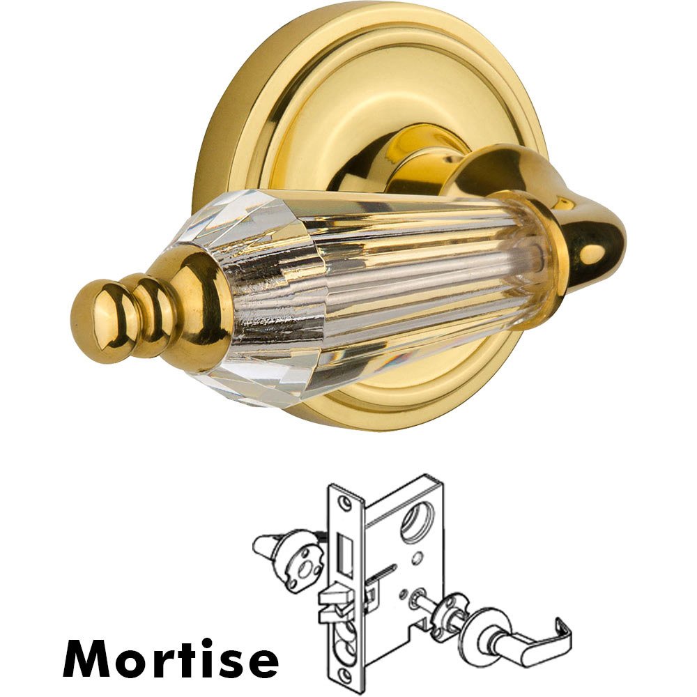 Nostalgic Warehouse Complete Mortise Lockset - Classic Rosette with Parlour Crystal Lever in Polished Brass