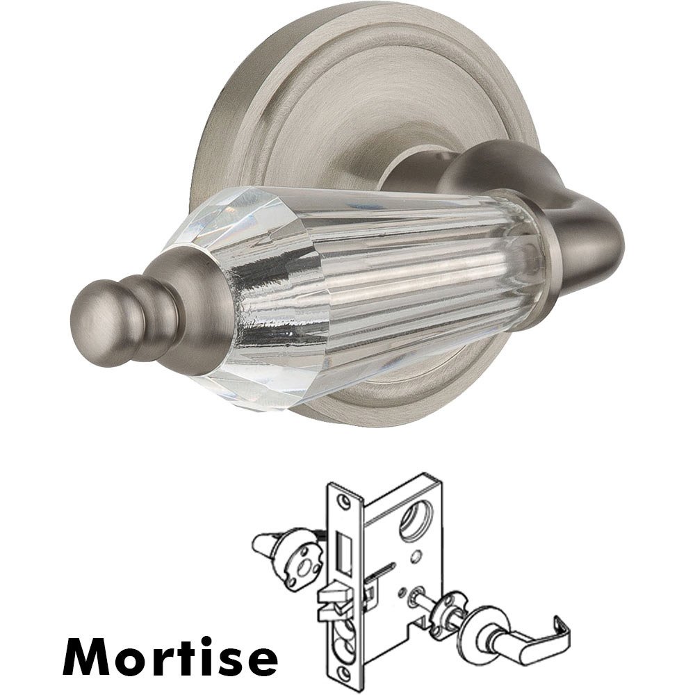 Nostalgic Warehouse Complete Mortise Lockset - Classic Rosette with Parlour Crystal Lever in Satin Nickel
