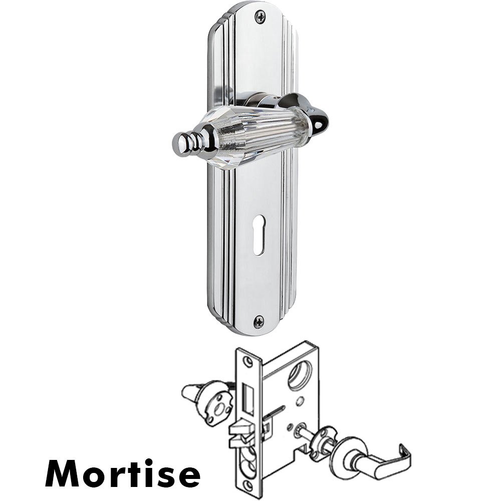 Nostalgic Warehouse Complete Mortise Lockset - Deco Plate with Parlour Crystal Lever in Bright Chrome