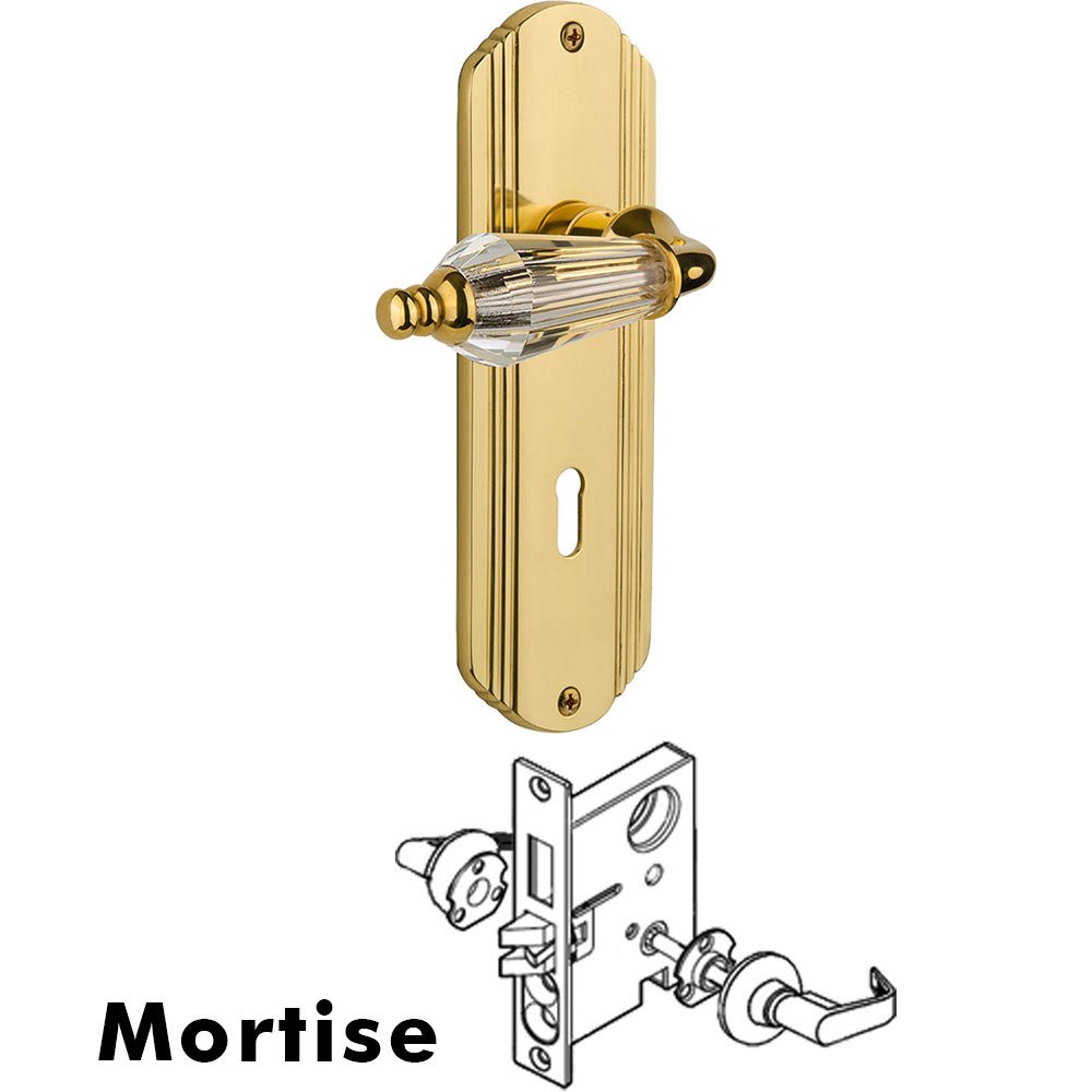 Nostalgic Warehouse Complete Mortise Lockset - Deco Plate with Parlour Crystal Lever in Polished Brass