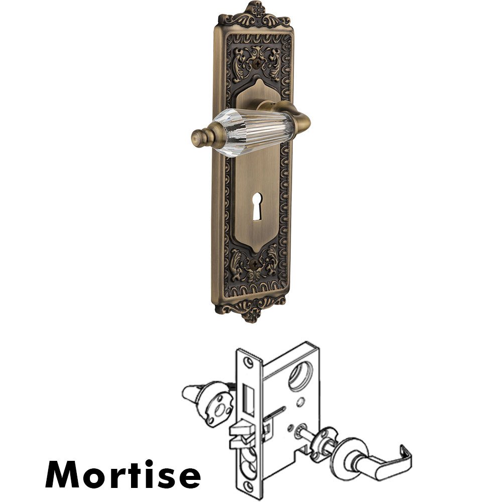 Nostalgic Warehouse Complete Mortise Lockset - Egg & Dart Plate with Parlour Crystal Lever in Antique Brass