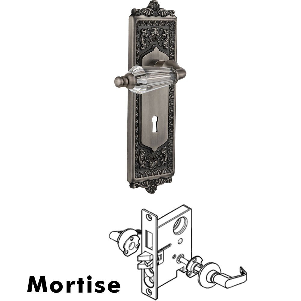 Nostalgic Warehouse Complete Mortise Lockset - Egg & Dart Plate with Parlour Crystal Lever in Antique Pewter