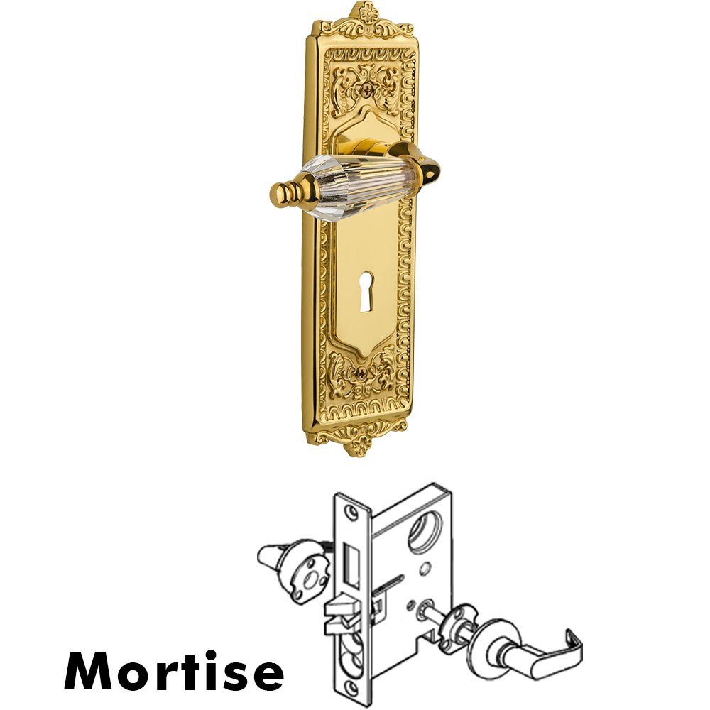 Nostalgic Warehouse Complete Mortise Lockset - Egg & Dart Plate with Parlour Crystal Lever in Polished Brass