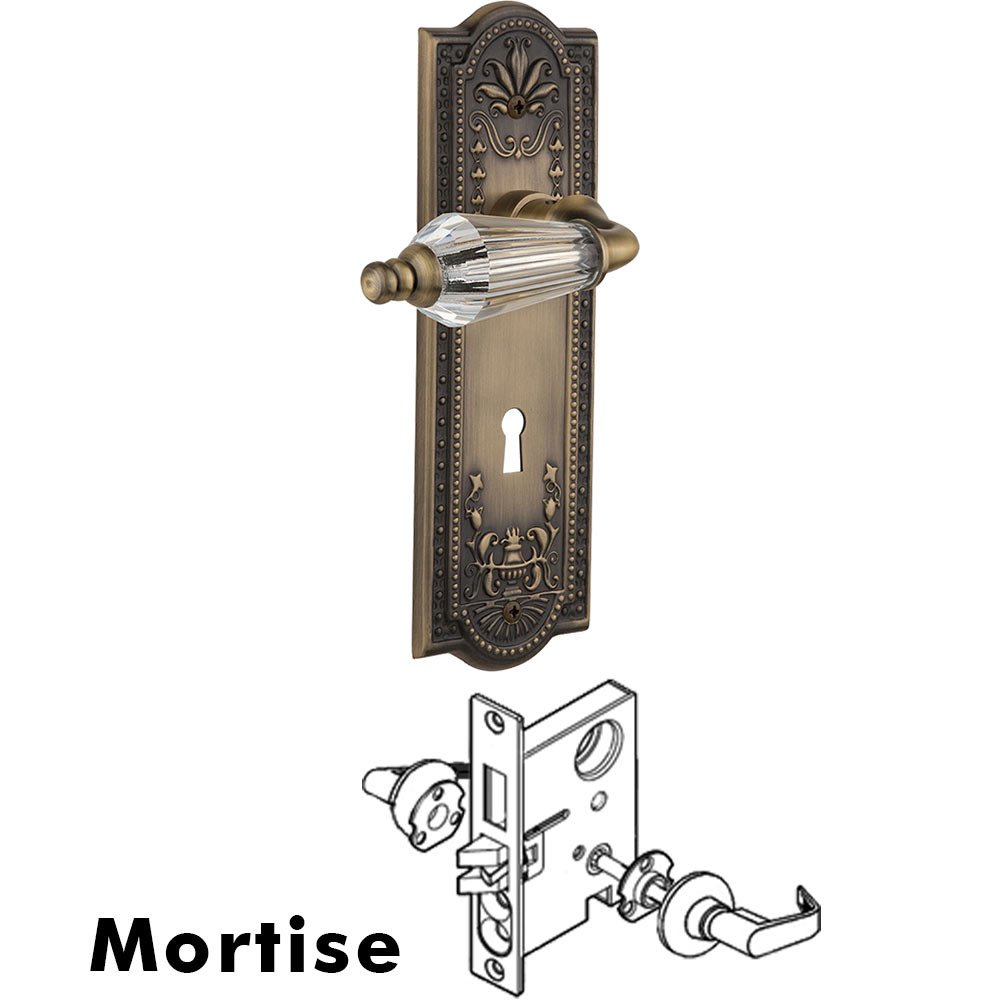 Nostalgic Warehouse Complete Mortise Lockset - Meadows Plate with Parlour Crystal Lever in Antique Brass