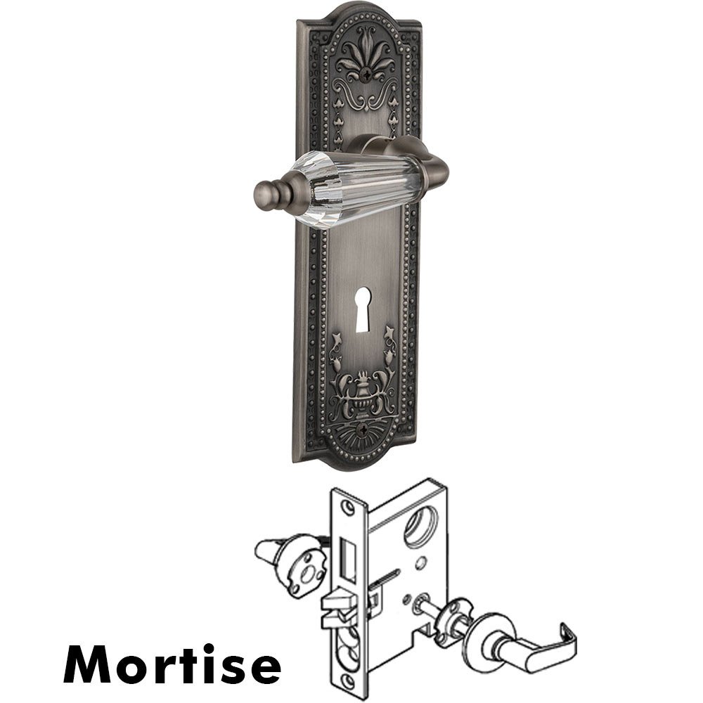 Nostalgic Warehouse Complete Mortise Lockset - Meadows Plate with Parlour Crystal Lever in Antique Pewter