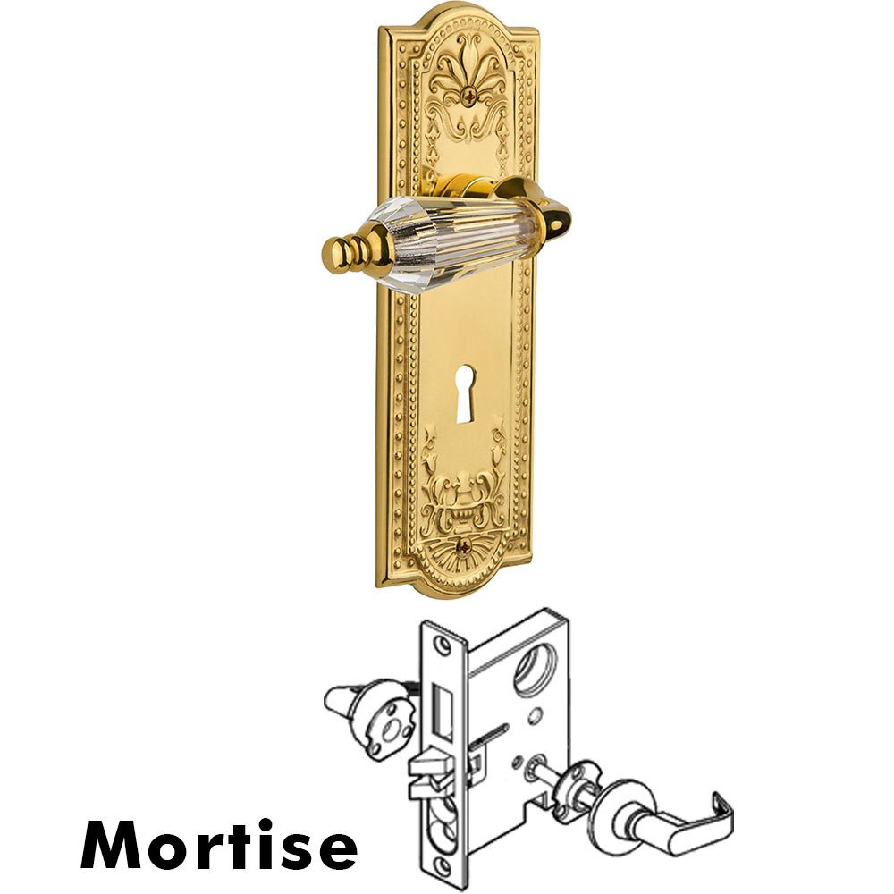 Nostalgic Warehouse Complete Mortise Lockset - Meadows Plate with Parlour Crystal Lever in Polished Brass