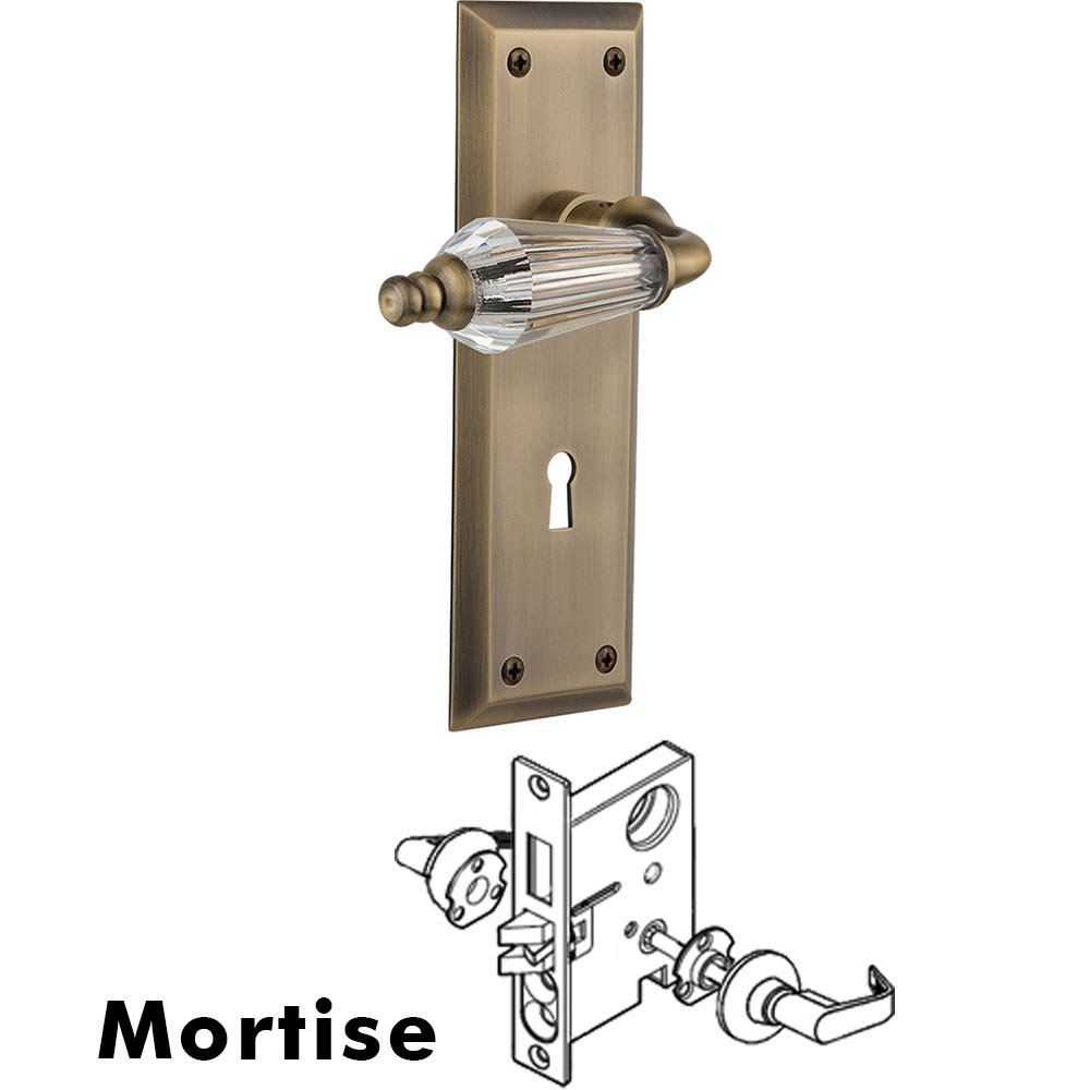 Nostalgic Warehouse Complete Mortise Lockset - New York Plate with Parlour Crystal Lever in Antique Brass