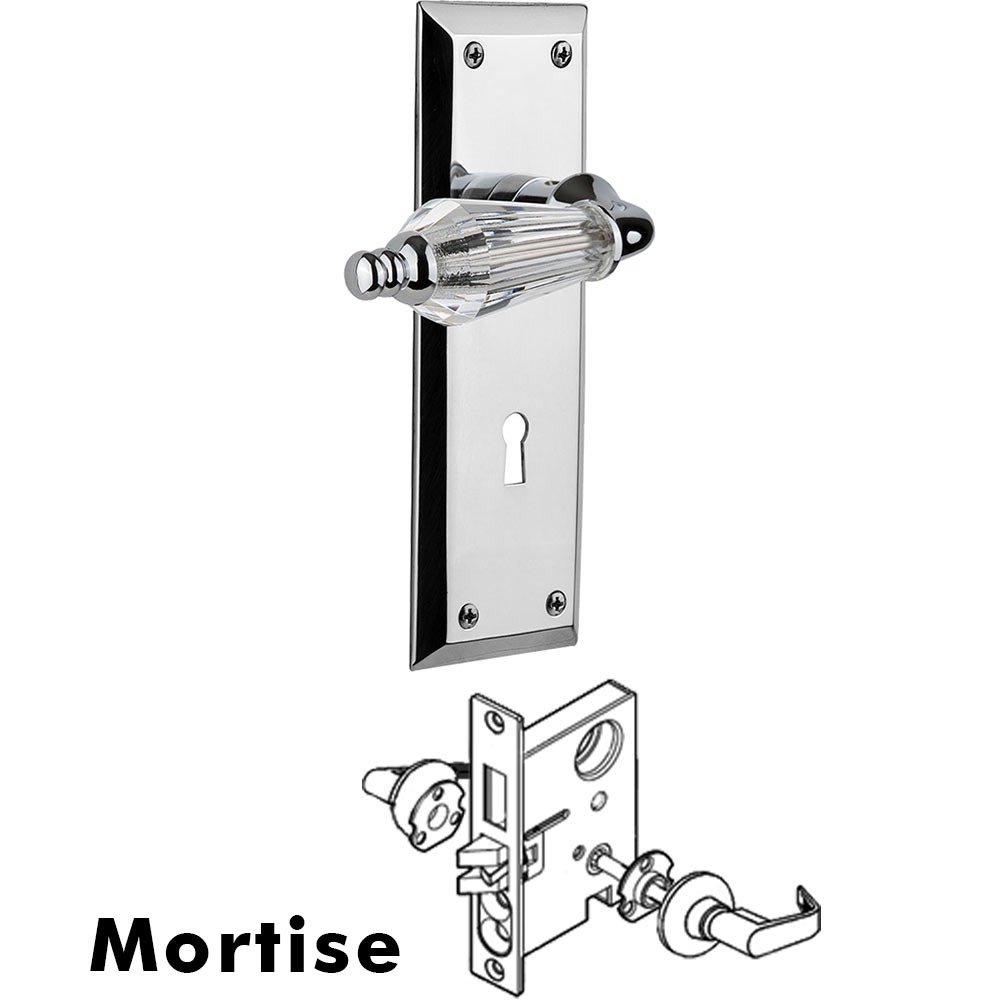 Nostalgic Warehouse Complete Mortise Lockset - New York Plate with Parlour Crystal Lever in Bright Chrome