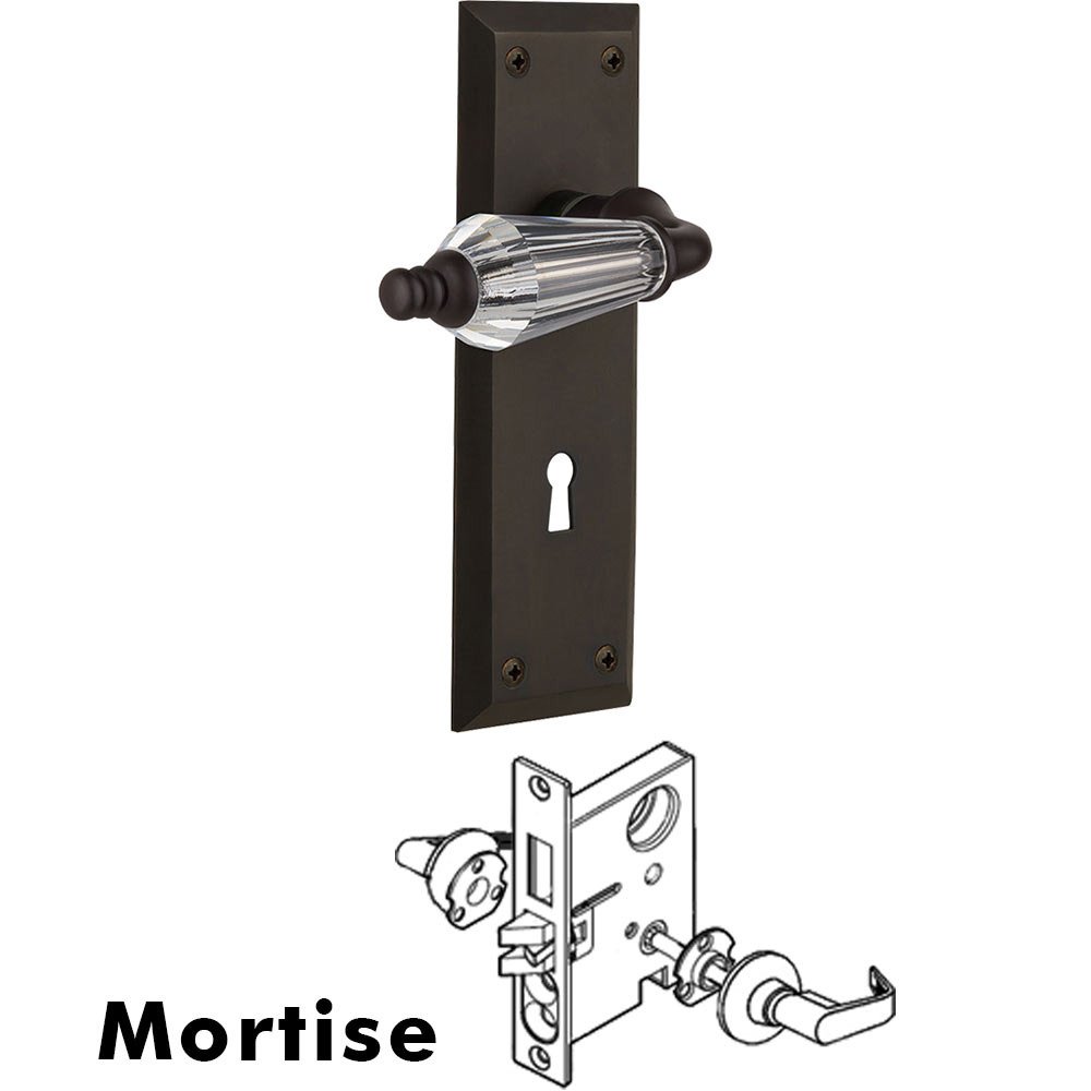 Nostalgic Warehouse Complete Mortise Lockset - New York Plate with Parlour Crystal Lever in Oil Rubbed Bronze