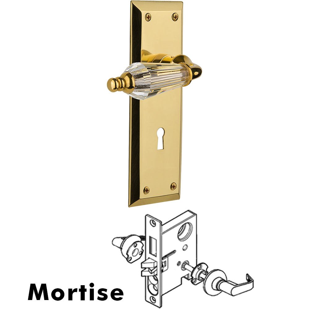 Nostalgic Warehouse Complete Mortise Lockset - New York Plate with Parlour Crystal Lever in Unlacquered Brass
