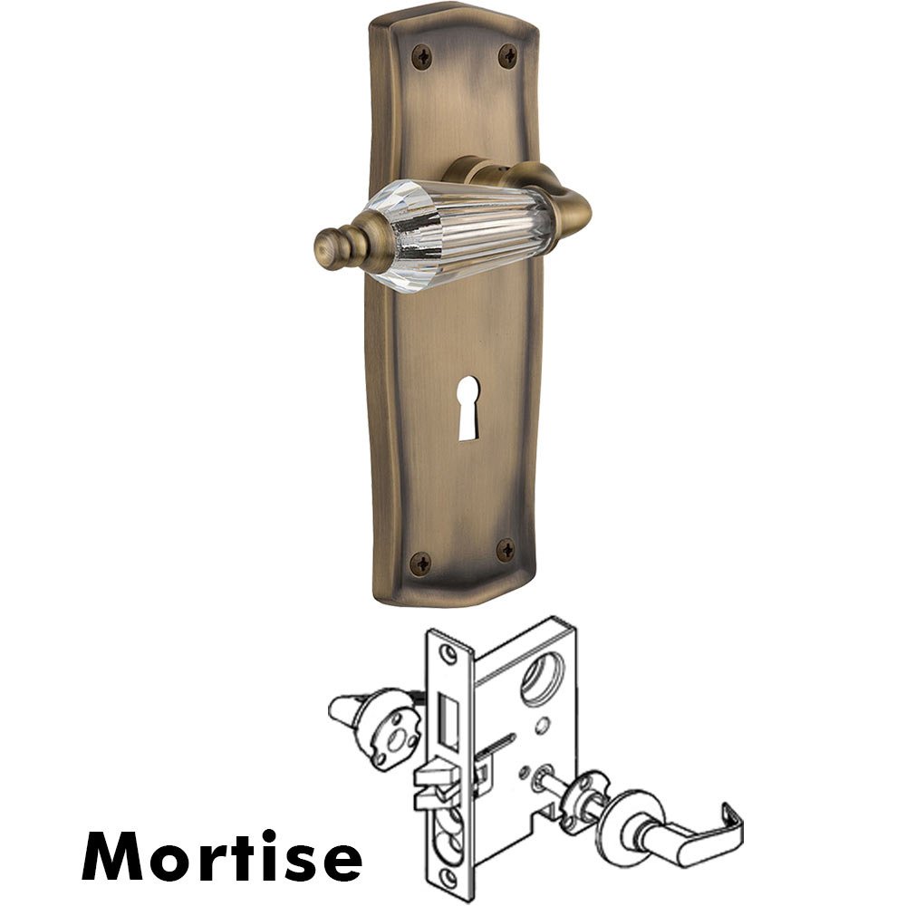 Nostalgic Warehouse Complete Mortise Lockset - Prairie Plate with Parlour Crystal Lever in Antique Brass