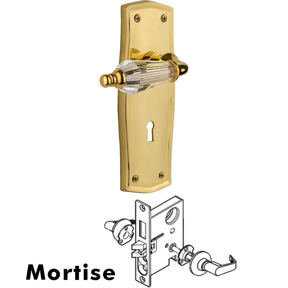 Nostalgic Warehouse Complete Mortise Lockset - Prairie Plate with Parlour Crystal Lever in Polished Brass