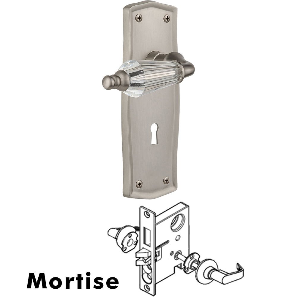 Nostalgic Warehouse Complete Mortise Lockset - Prairie Plate with Parlour Crystal Lever in Satin Nickel