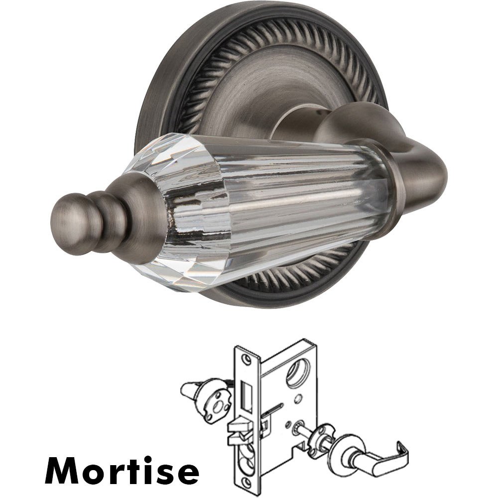 Nostalgic Warehouse Complete Mortise Lockset - Rope Rosette with Parlour Crystal Lever in Antique Pewter