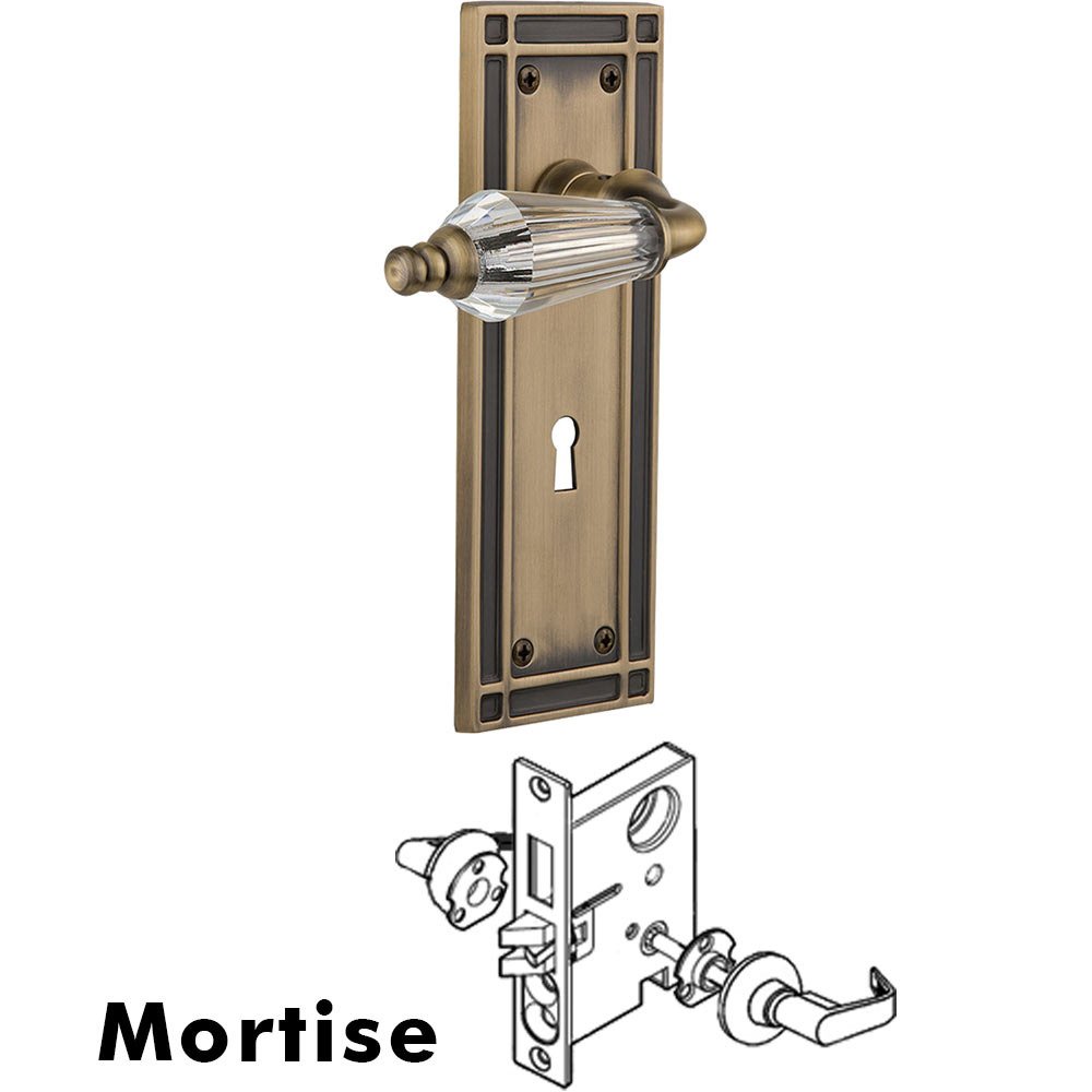 Nostalgic Warehouse Complete Mortise Lockset - Mission Plate with Parlour Crystal Lever in Antique Brass