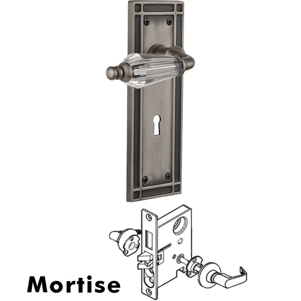 Nostalgic Warehouse Complete Mortise Lockset - Mission Plate with Parlour Crystal Lever in Antique Pewter