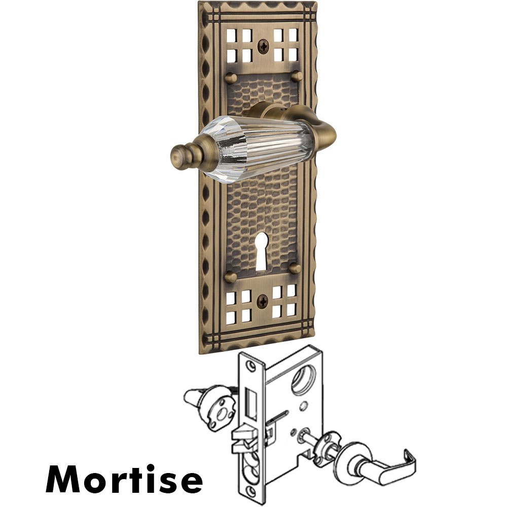Nostalgic Warehouse Complete Mortise Lockset - Craftsman Plate with Parlour Crystal Lever in Antique Brass