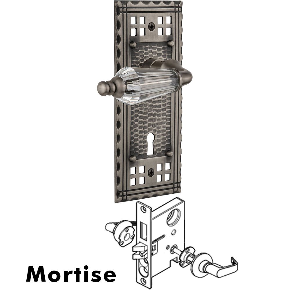 Nostalgic Warehouse Complete Mortise Lockset - Craftsman Plate with Parlour Crystal Lever in Antique Pewter
