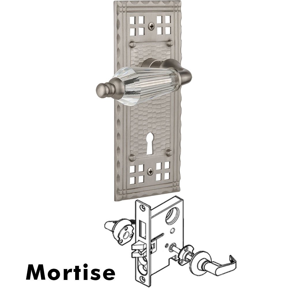 Nostalgic Warehouse Complete Mortise Lockset - Craftsman Plate with Parlour Crystal Lever in Satin Nickel