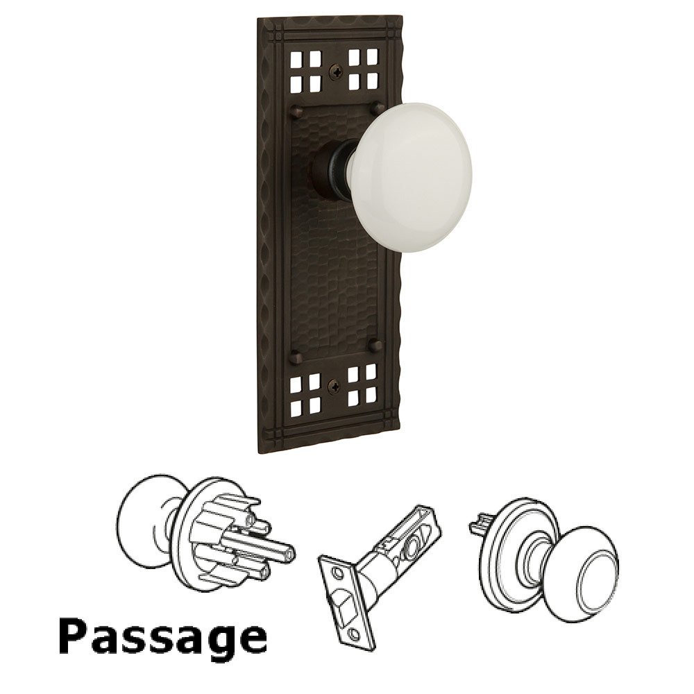 Nostalgic Warehouse Passage Craftsman Plate with White Porcelain Knob in Oil Rubbed Bronze